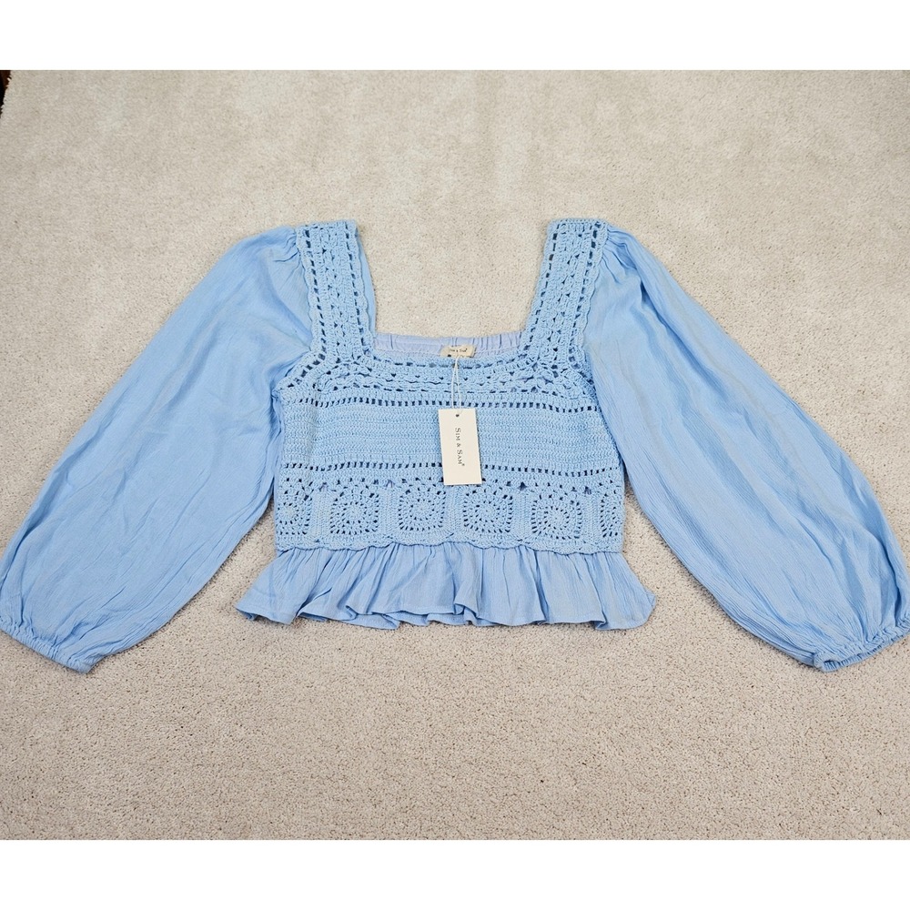 NWT SIM & SAM Cornflower Crochet Square Neck Peplum Top L Fairy Cottagecore Boho